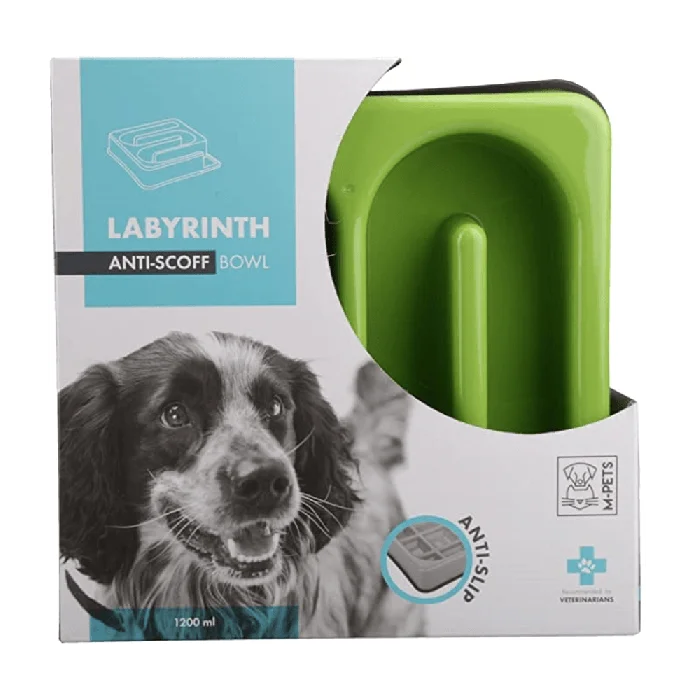 M-Pets Labyrinth Slow Feed Square Bowl for Dogs and Cats, Green